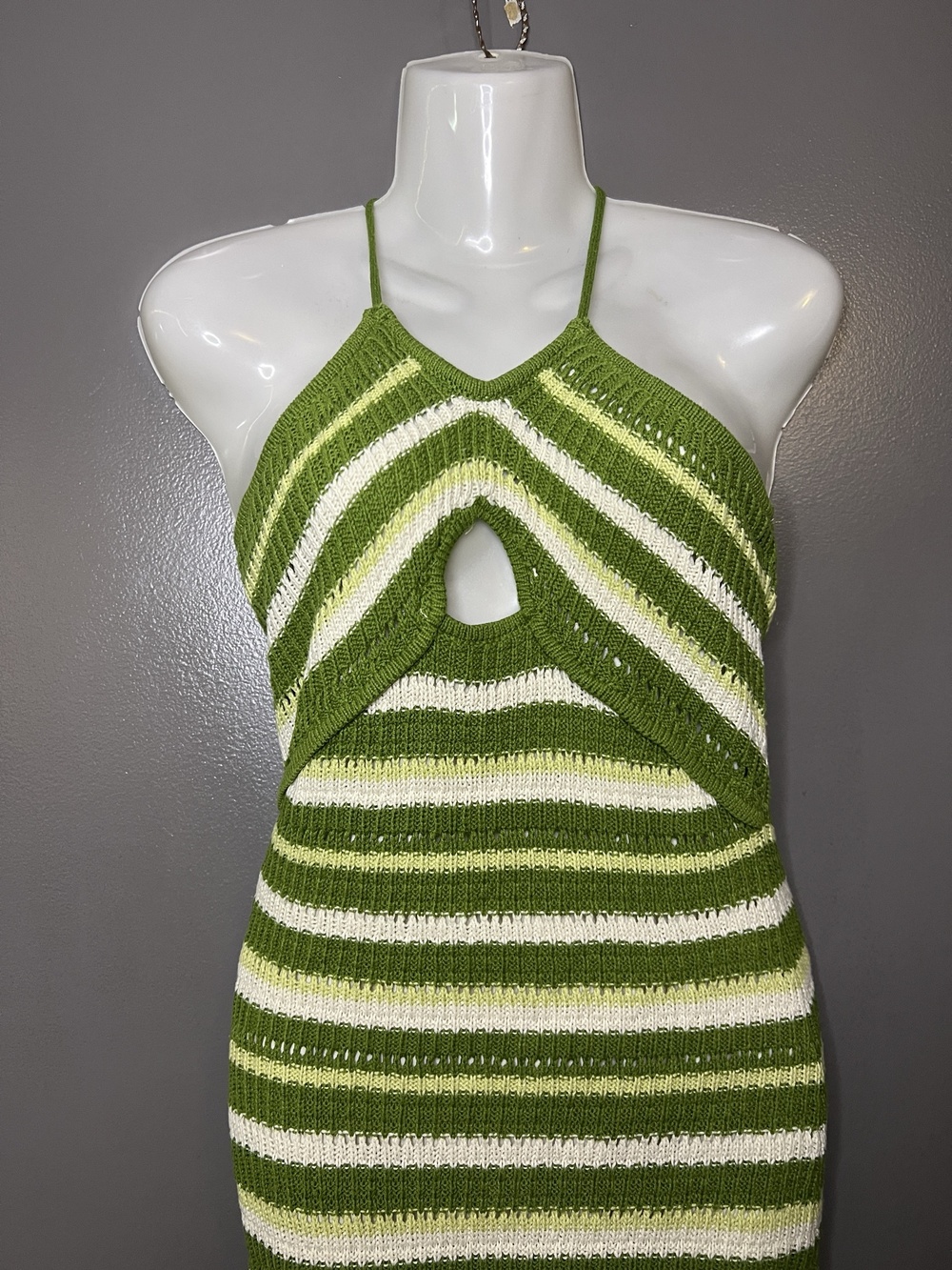 Sincerely Jules Dress Womens Small Green Striped Halter Cutout Knit Bodycon Midi